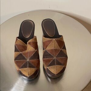 Predictions Patchwork Suede Clog Mules in Brown and Tan
